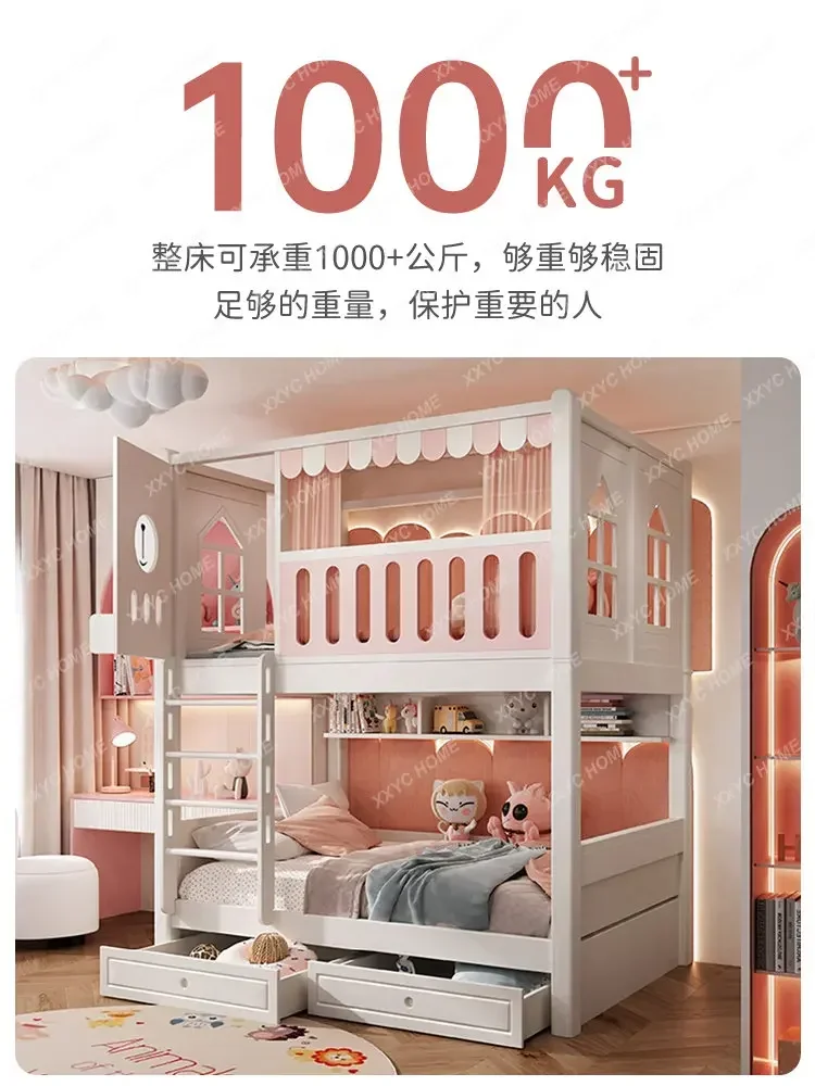 Children\'s High Guardrail Bunk Girl Princess Height-Adjustable Bunk Slide for Kids Wooden Bed