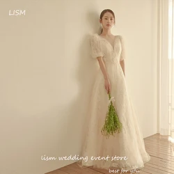 LISM Prinzessin Volle Spitze A-Linie Korea Brautkleider Maßgeschneiderte Puff Kurze Ärmel O-Ausschnitt Brautkleider Fotoshooting Mariage