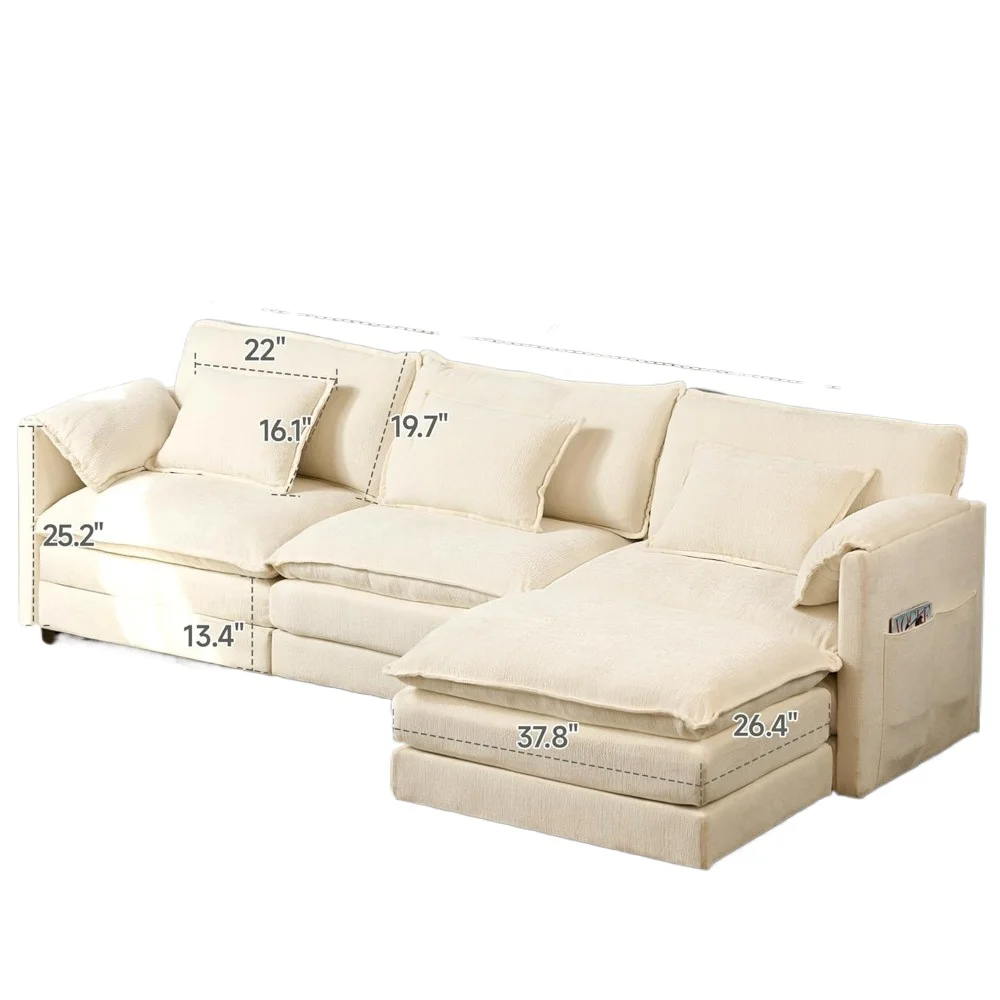 3 Seat L Shaped Convertible Sectional Sofa Couch, 112'' Chenille Modular Sofa with Removable Pillows and Double Layer Cushions