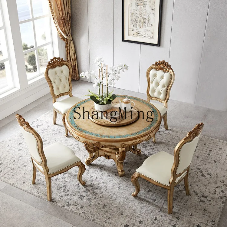 

CL Champagne Color Solid Wood Rotating Dining Table and Chair Set Round Dining Table with Turntable and Painted Table