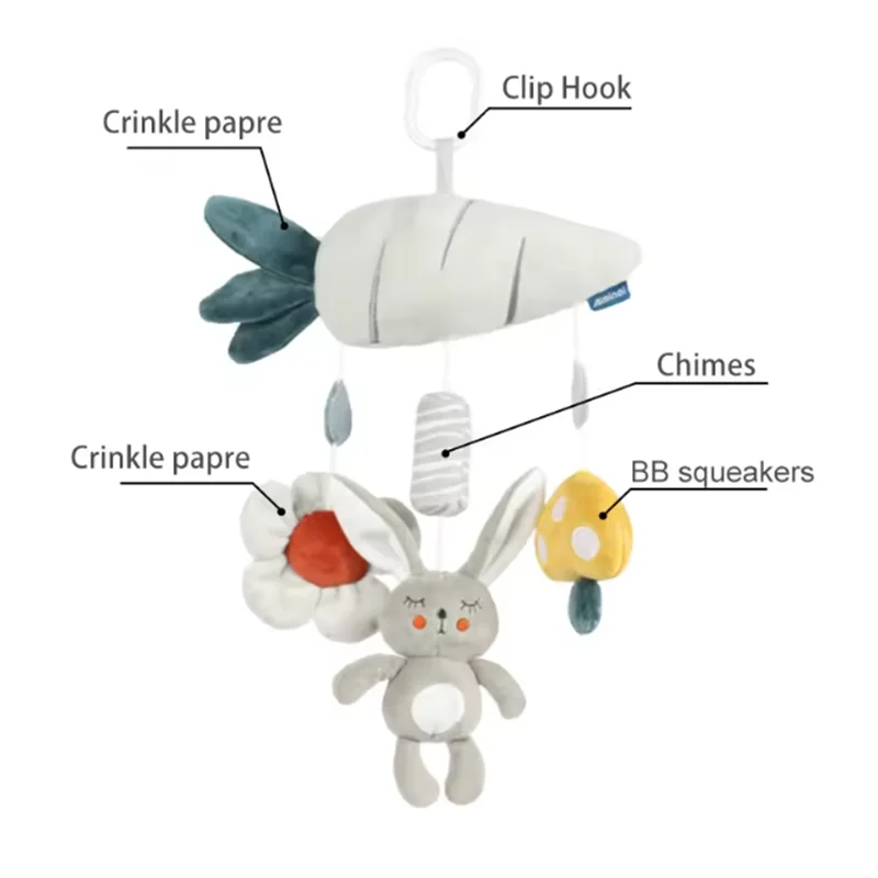 赤ちゃん早期教育玩具カートペンダント、心を落ち着かせる装飾、ベッドベル、吊り下げ式手回しベル、パズルぬいぐるみ