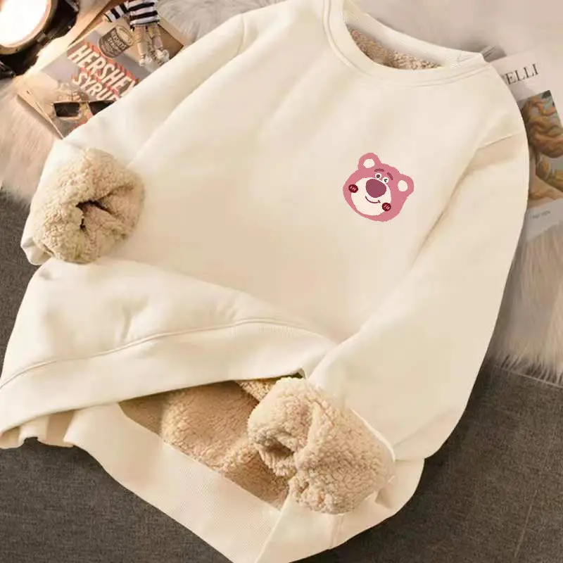 Disney Casual Plus Fleece Thickened Hoodie Female Spring and Autumn Winter Lamb Fleece 2023 Top Student Crewneck Coat 12+y