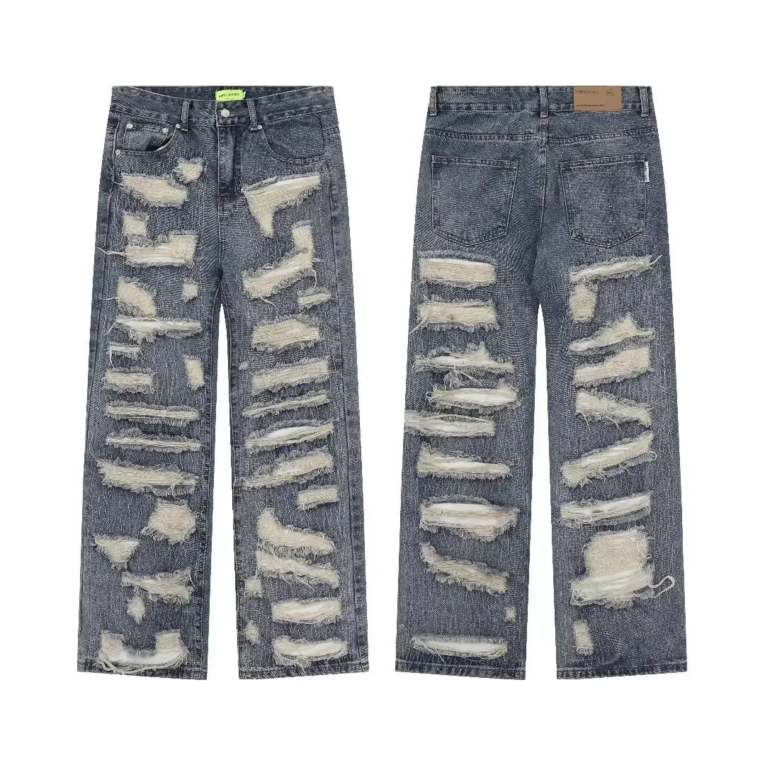 American Style Broken Hole Old Jeans Loose Hundred New Pants Men\'s Streetwear Baggy Jeans  Y2k Jeans Ripped Jeans Men Pants