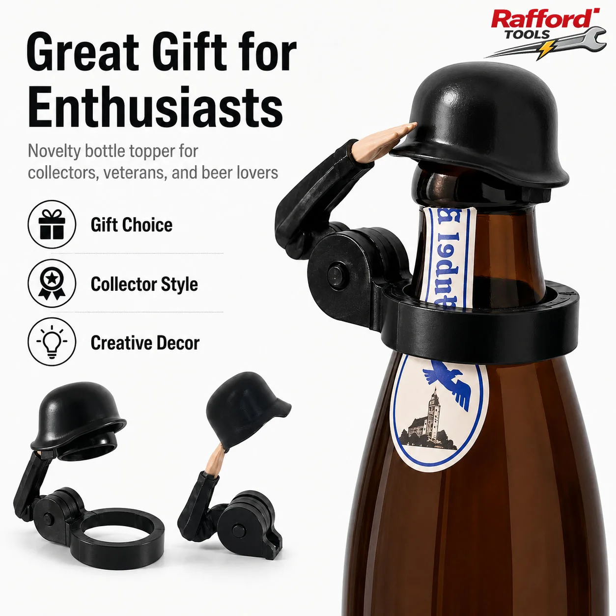 Rafford Soldier Salute Beer Bottle Topper, Dustproof Helmet Cap, Novelty Party Bar Accessory Gift for Veterans and Beer Lovers