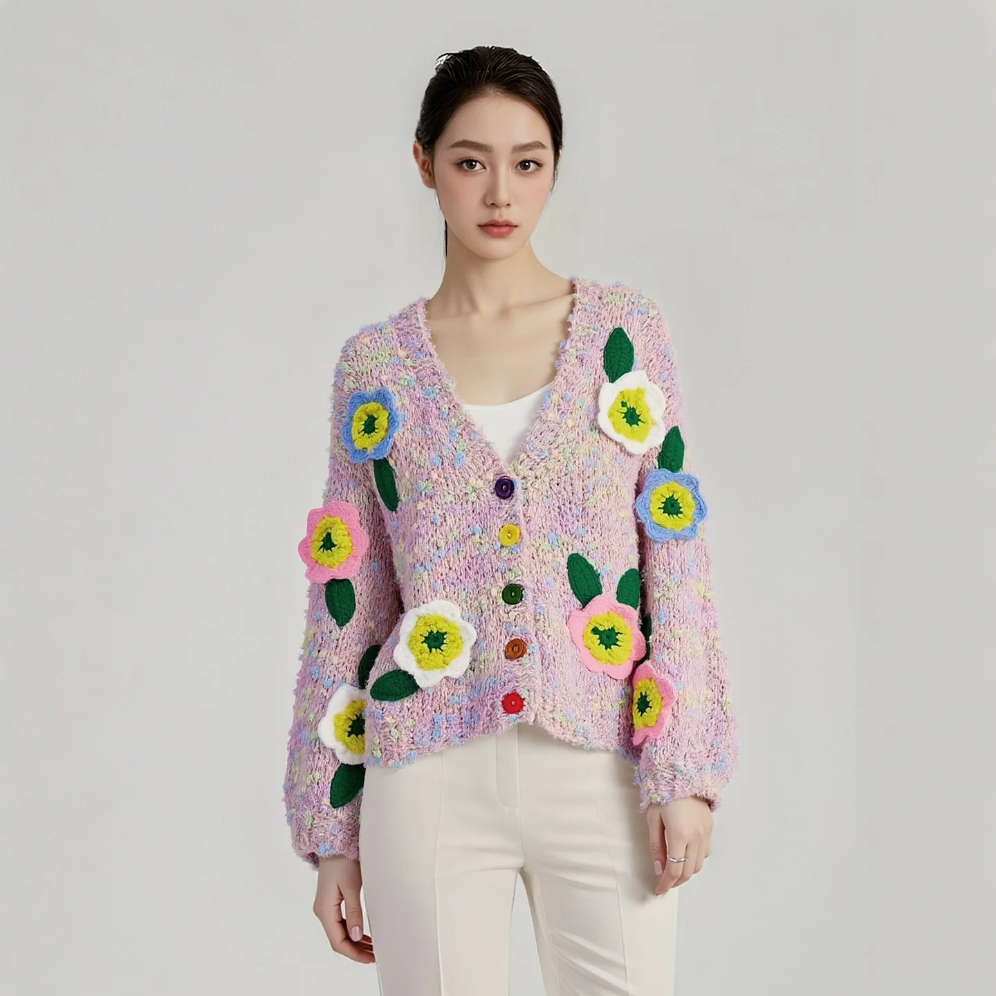 

A French-style Hand-knitted Women Three-dimensional Flower-patterned And Embroidered Women's Sweater