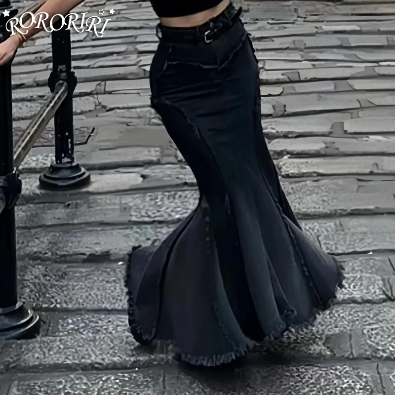 RORORIRI Women Patchwork Frayed Tassels Denim Maxi Skirt Gradient High Waist Slim Bodycon Mermaid Long Skirt Harajuku Streetwear