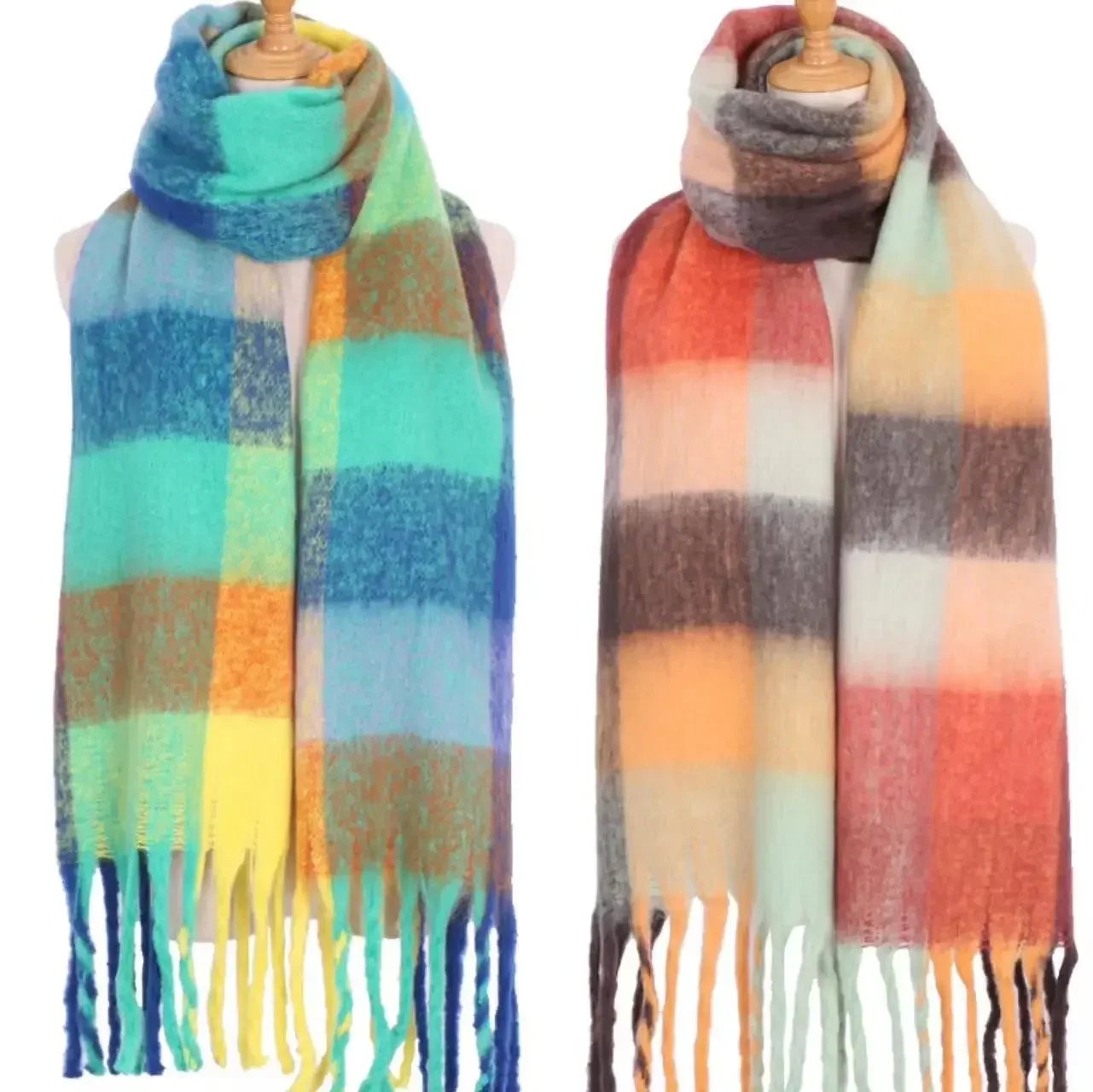 New Winter AC British Plaid Scarf Women Luxury Brand Imitation Cashmere Thickened Warm Tassel Rainbow Shawl Foulard