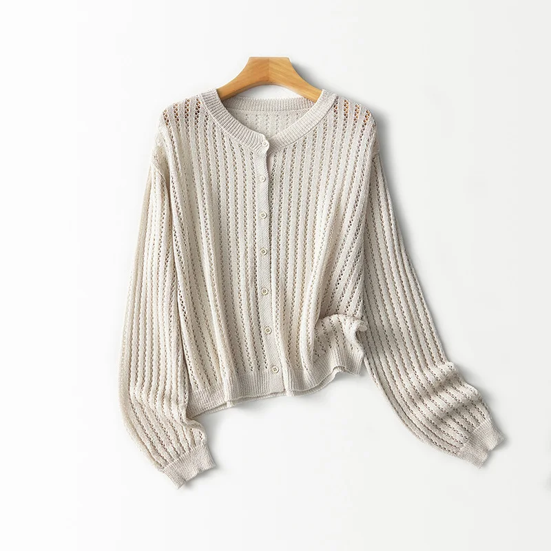 

Summer Jacquard Hollow Out Cardigan Women V-neck Lyocell Mulberry Silk Long-sleeve Knitwear