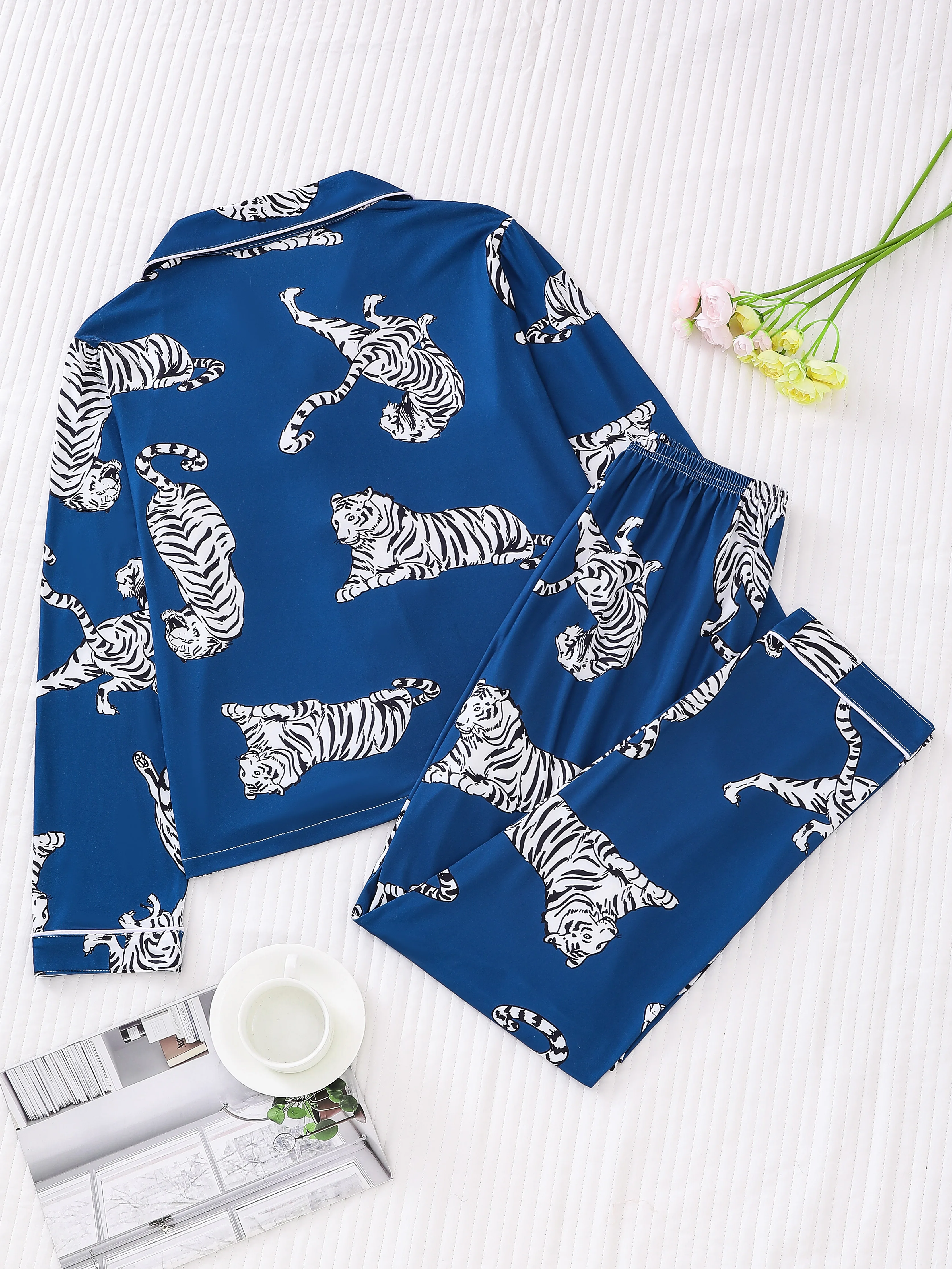 Animal tiger print pajama set for women casual cardigan with lapel long sleeve top and loose trousers women\'s loungewear