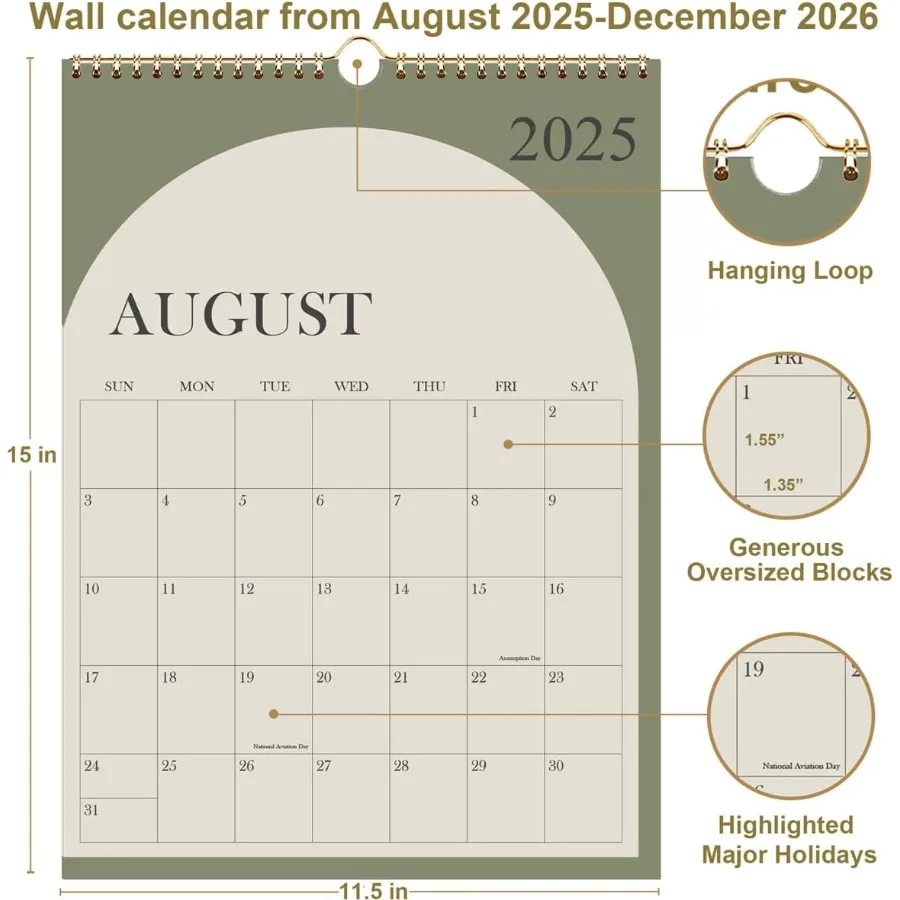 20252026 벽걸이 달력 (2025년 10월부터 2026년 12월까지) 두꺼운 종이 12인치 x 14.5인치 그레이