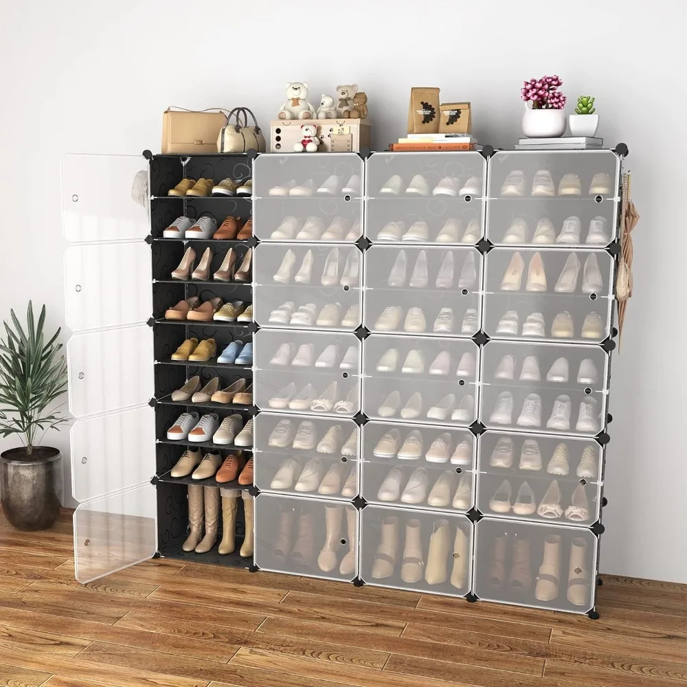 WEXCISE Portable Shoe Rack Organizer with Door, 80 Pairs Shoe Storage Cabinet Easy Assembly, Plastic Adjustable Shoe Storagek