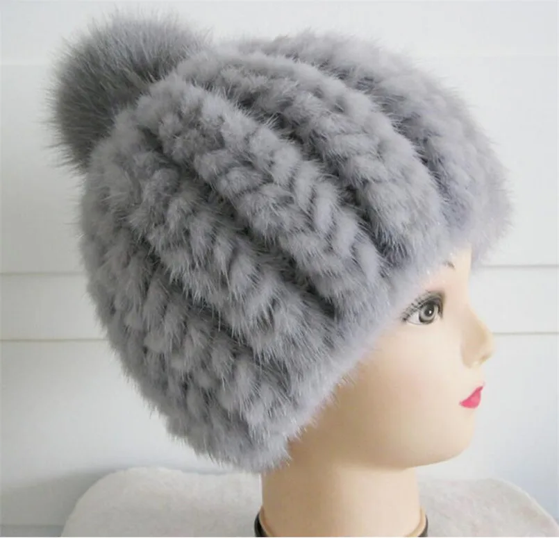 قبعة مريحة مخططة من فرو المنك والثعلب - قبعة شتوية دافئة محبوكة مع كرة كبيرة فاخرة، أزياء نسائية أنيقة #3