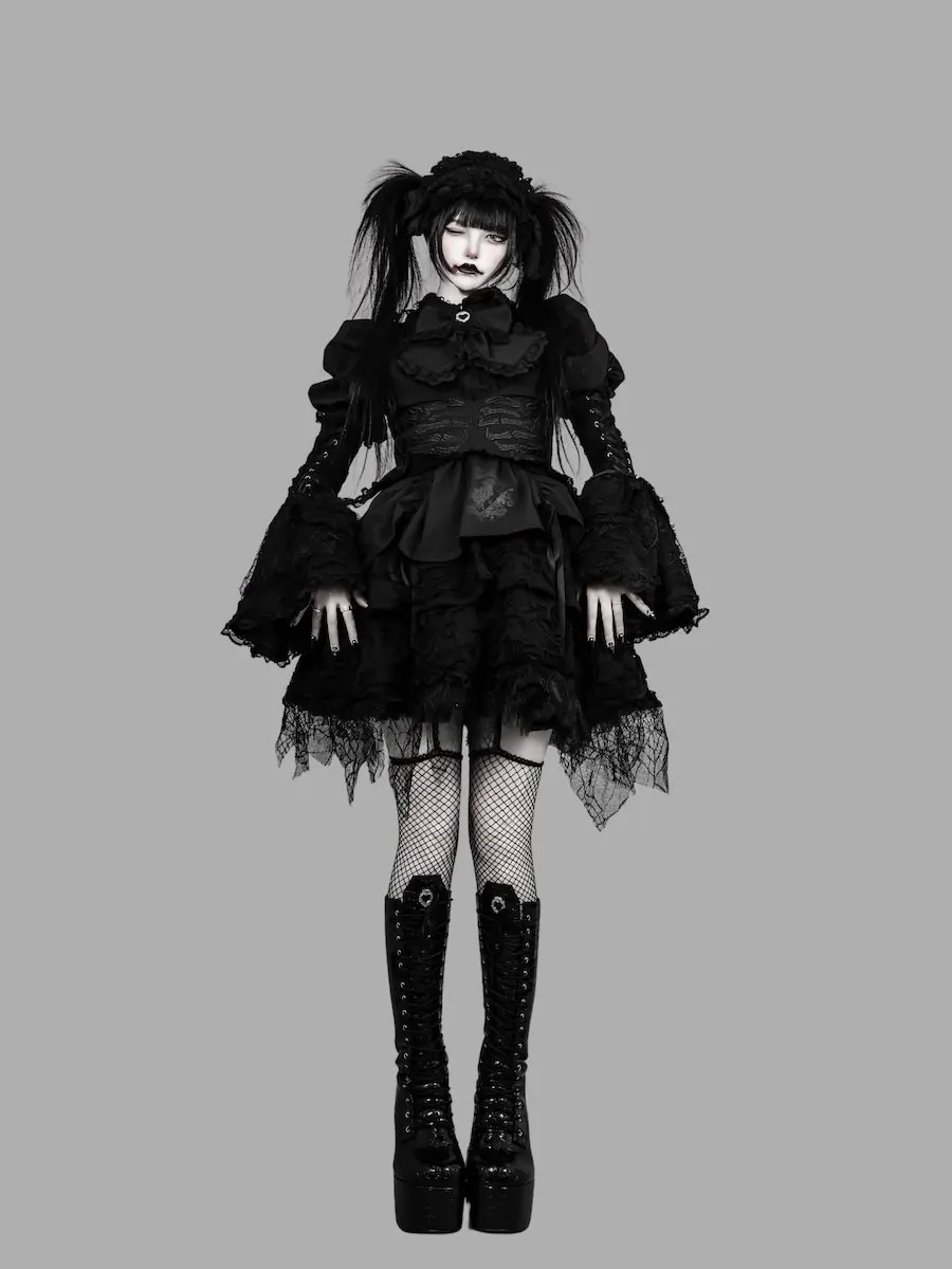 Dark gothic cool girl Japanese lace dress women's waist multi-layer skirt sexy lolita dress cos punk women's long-sleeved dress view 2