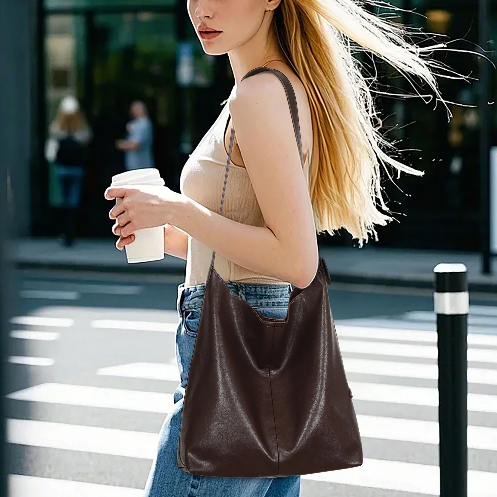 حقائب كتف للنساء محفظة كبيرة لينة مترهل حقيبة يد عادية العمل السيدات مقبض علوي حقيبة 2 قطعة حزام قابل للتعديل #2