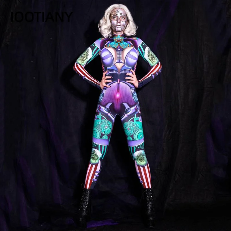 8Colors Women Outfits Bodysuit Halloween Cosplay Costume Carnival Party Hooded Zentai Catsuit 3D Digital Print Skeleton Jumpsuit