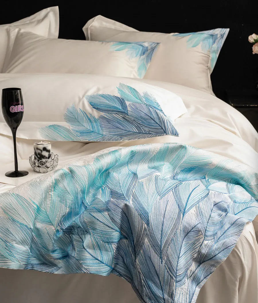 Elegant embroidery feather blue pink champagne bedding set,full queen king cotton home textile bed sheet pillow case duvet cover