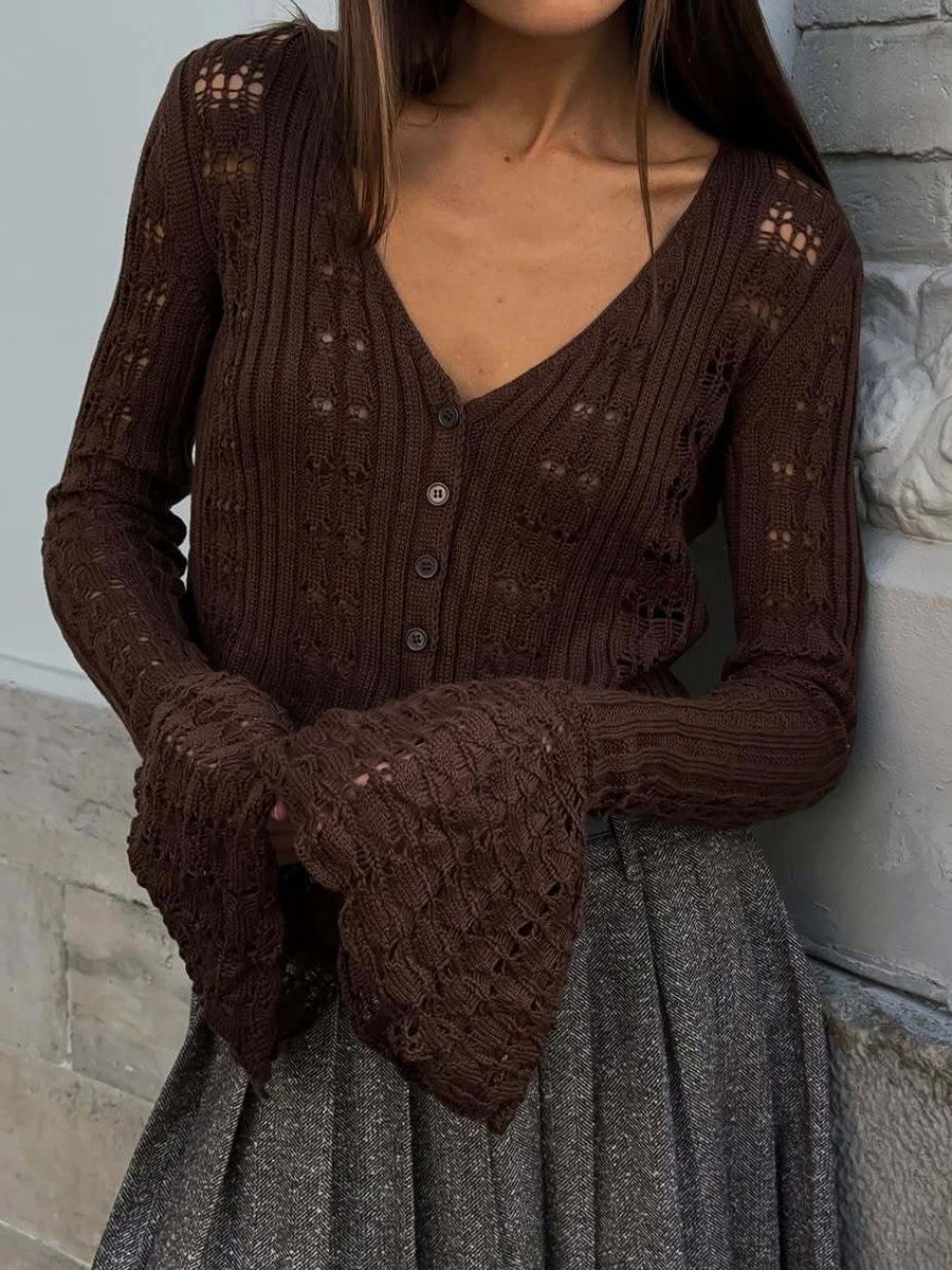 Solide évider tricoté T-shirt femmes col en V simple boutonnage à manches longues t-shirts été nouveau Vintage décontracté mode culture hauts