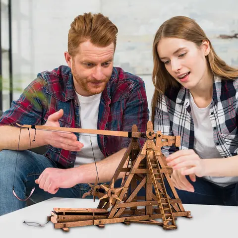OUZEY 1:48 Scale Wooden Trebuchet Model - Rotating Counterweight Siege Engine 3D Puzzle, DIY Ancient Catapult for Adults 14+