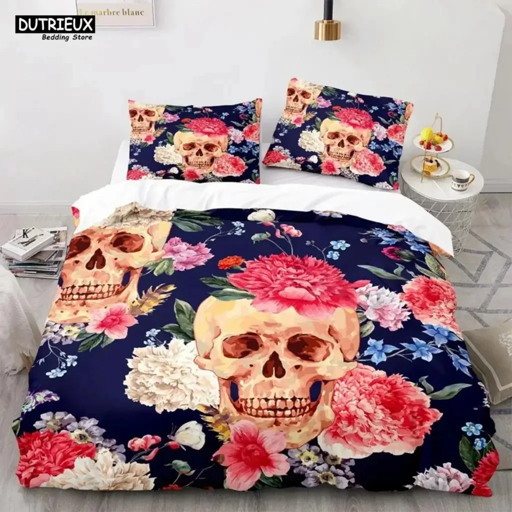 Skeleton Skull Bedding Set Queen King Full Size Duvet Cover Set With Pillowcases Rose Flower Bed Linen For Adults Teens