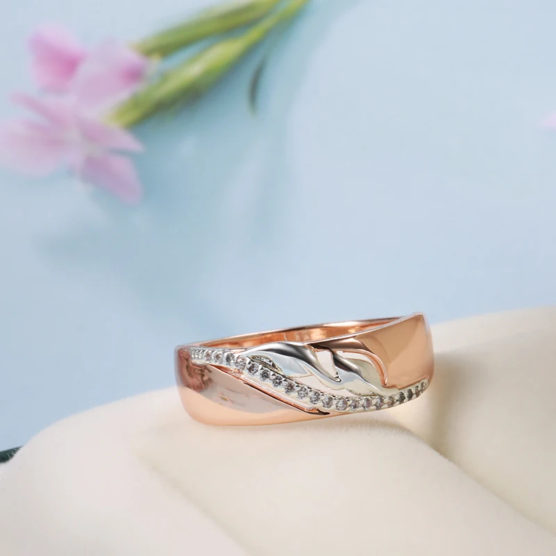 Luxury Silver Color Leaf With Zircon Women Rings Smooth Metal 585 Rose Gold Plated Simple Jewelry Girl Unusual Party Accessories