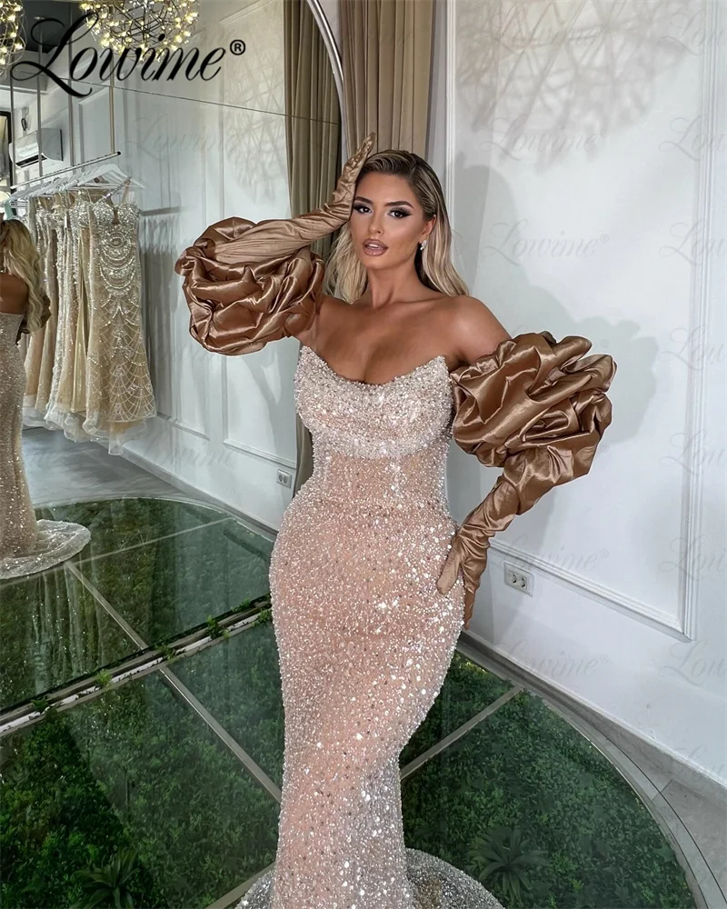 Arabic Evening Dress Robes De Soirée 2024 Mermaid Prom Dresses With Gloves Long Sleeves Champagne Red Shiny Sequined Party Dress