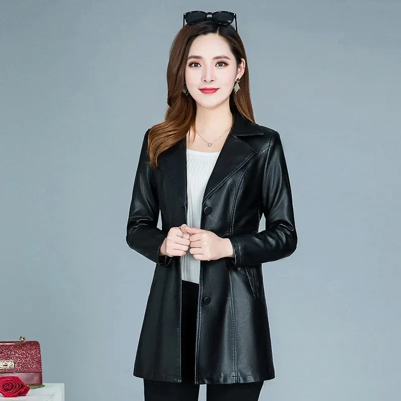 Formal Leather Jacket Women's Overcoat Spring New Chic Leather Coat Korean Mid-length Slim Casual PU Leather Windbreakers A429