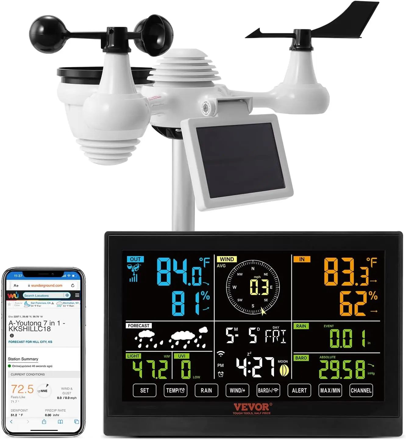 

7-in-1 WiFi Weather Station with 7.5" Color Display for Indoor/Outdoor Forecast, Temperature, Humidity, Wind & Rain Monitoring