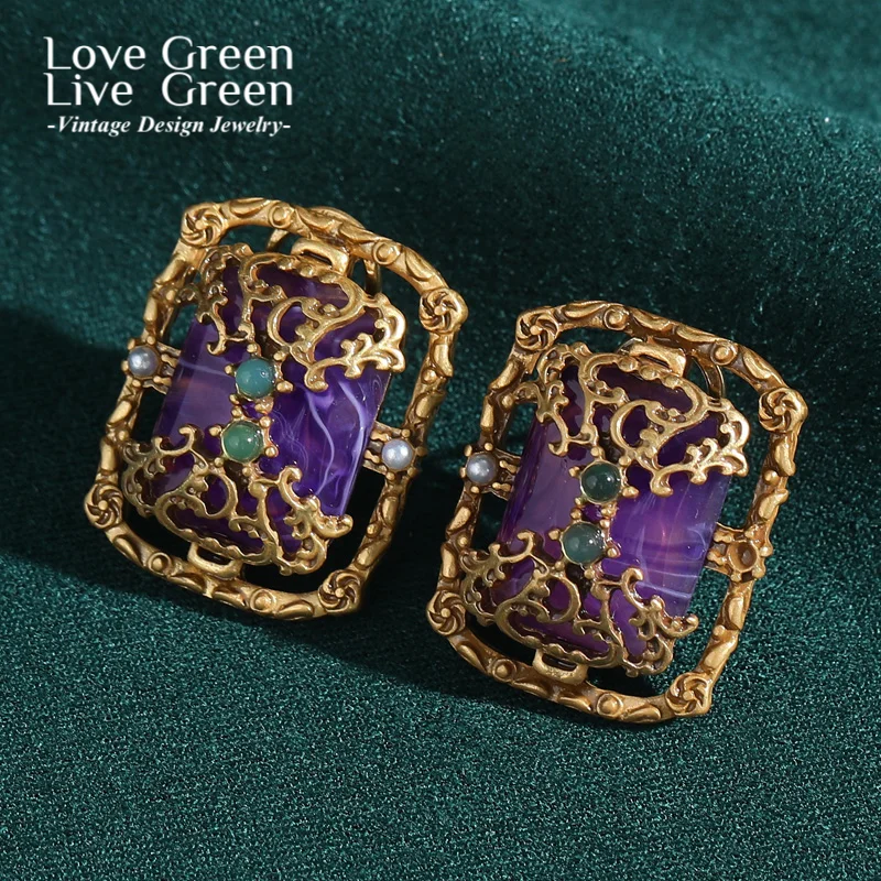 

Vintage Purple Earrings Stud For Woman Square Stone Big Gold Color Hollow Rhinestone Luxury Quality Designer Gifts Accessories
