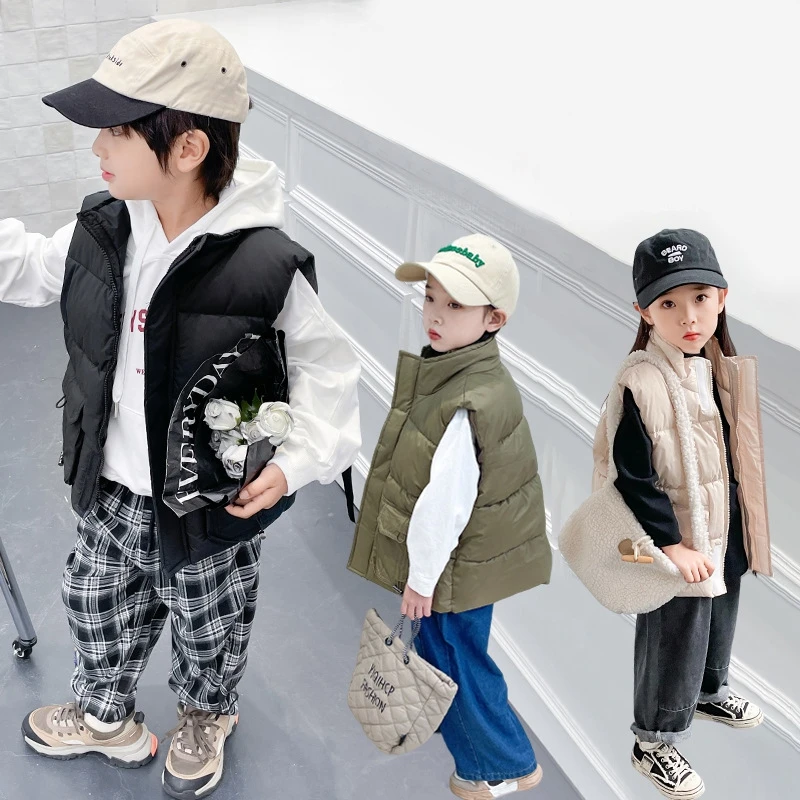 Autumn Winter Girls Boys Vest Solid Color Big Pocket Stand Collar Thick Warm Waistcoat For 3 4 5 6 8 10 12 Years Teen kids