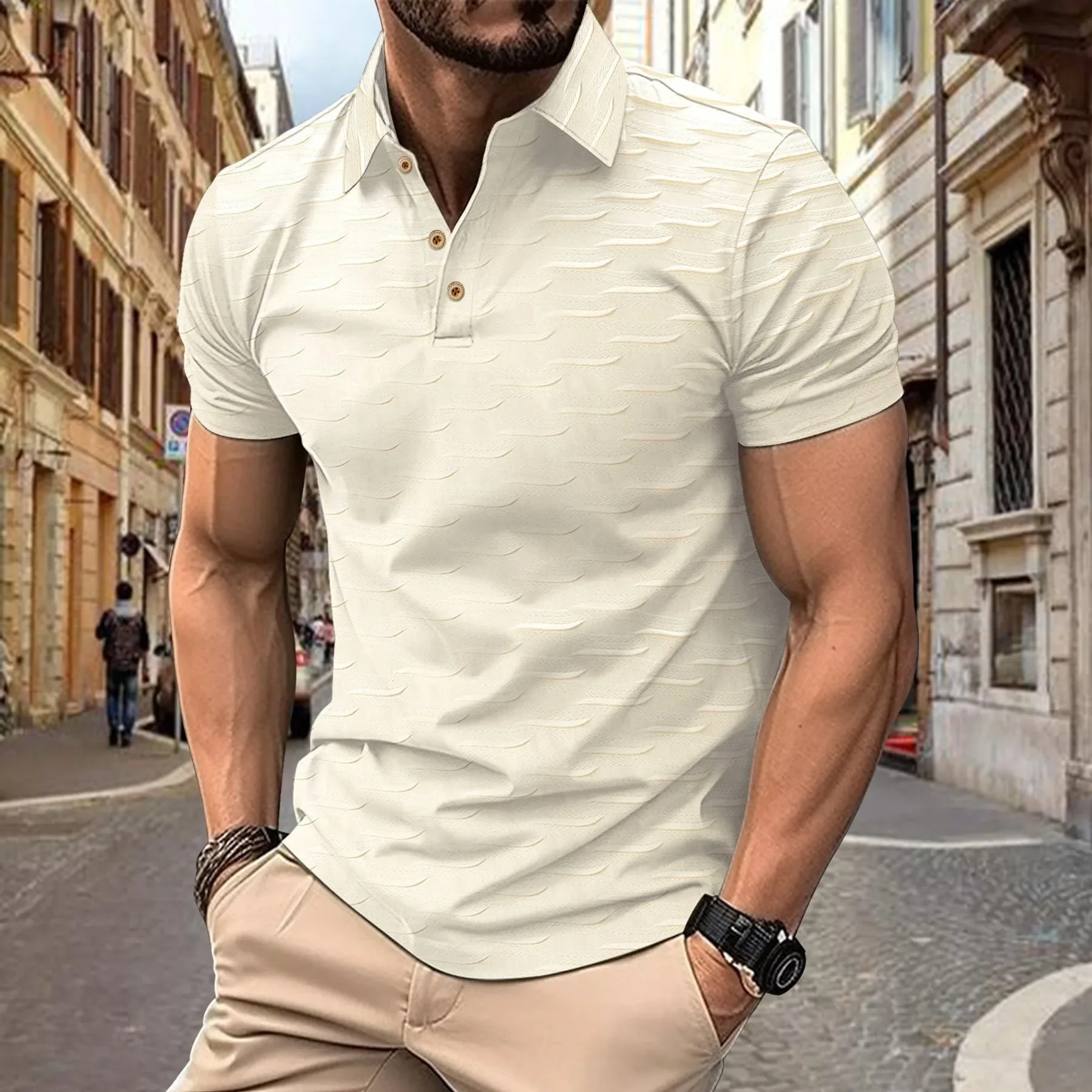 Europe and The United States Men's 2024 Summer POLO Shirt T-shirt Simple Solid Color Men's Button Jacquard Short Sleeve Top