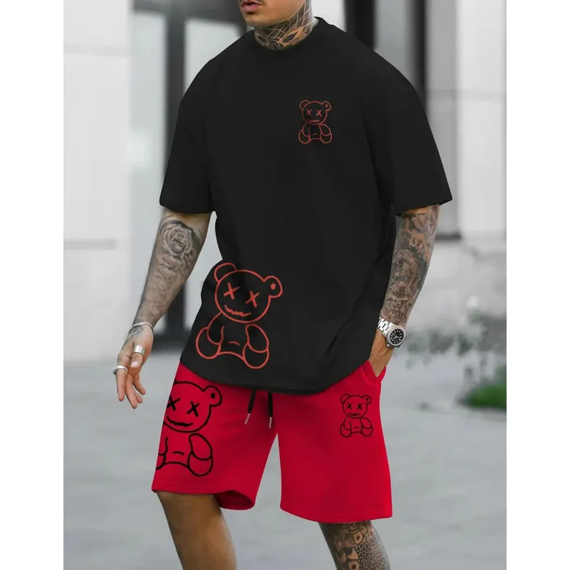 Men's Bear Print T-Shirt Set Summer Casual Clothing For Men