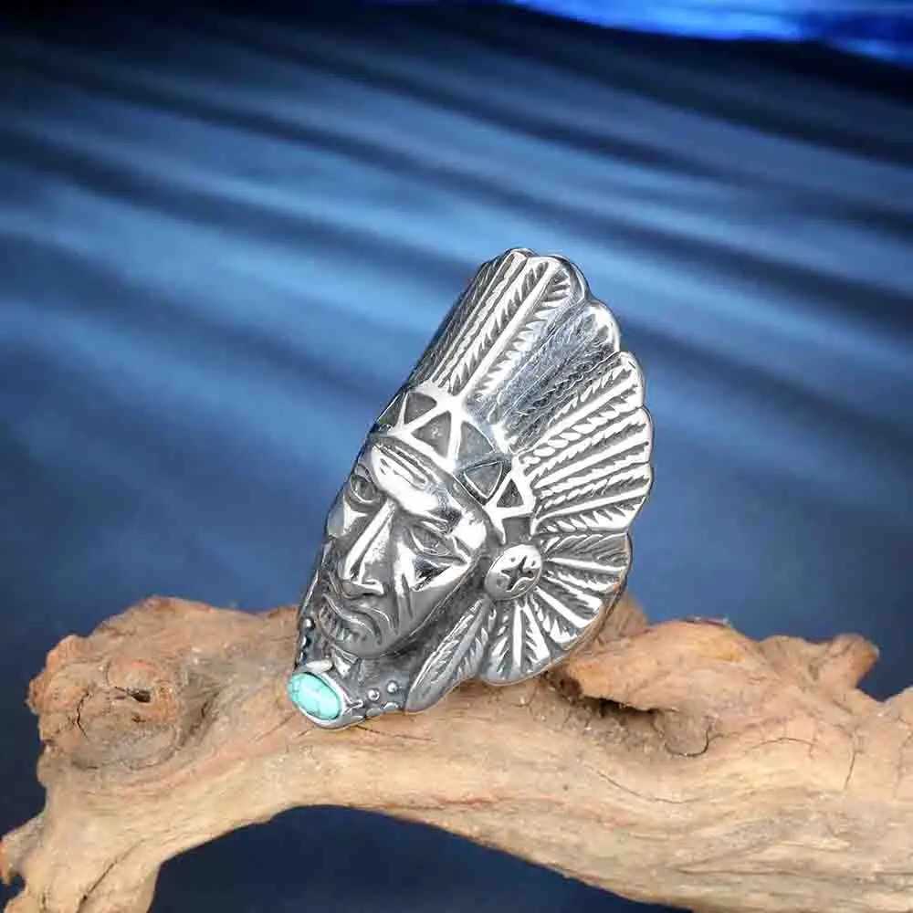 Fashion stainless steel jewelry charm Indian tribal chieftain ring, female party gift, green natural stone