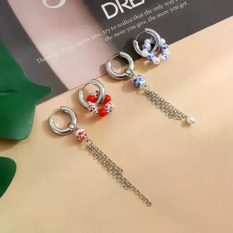 1Pair Blue White Color Ceramic Pendant Earrings Ear Buckle Chinese Style Ear Buckle Hanfu Round Bead Heart-shaped Earrings