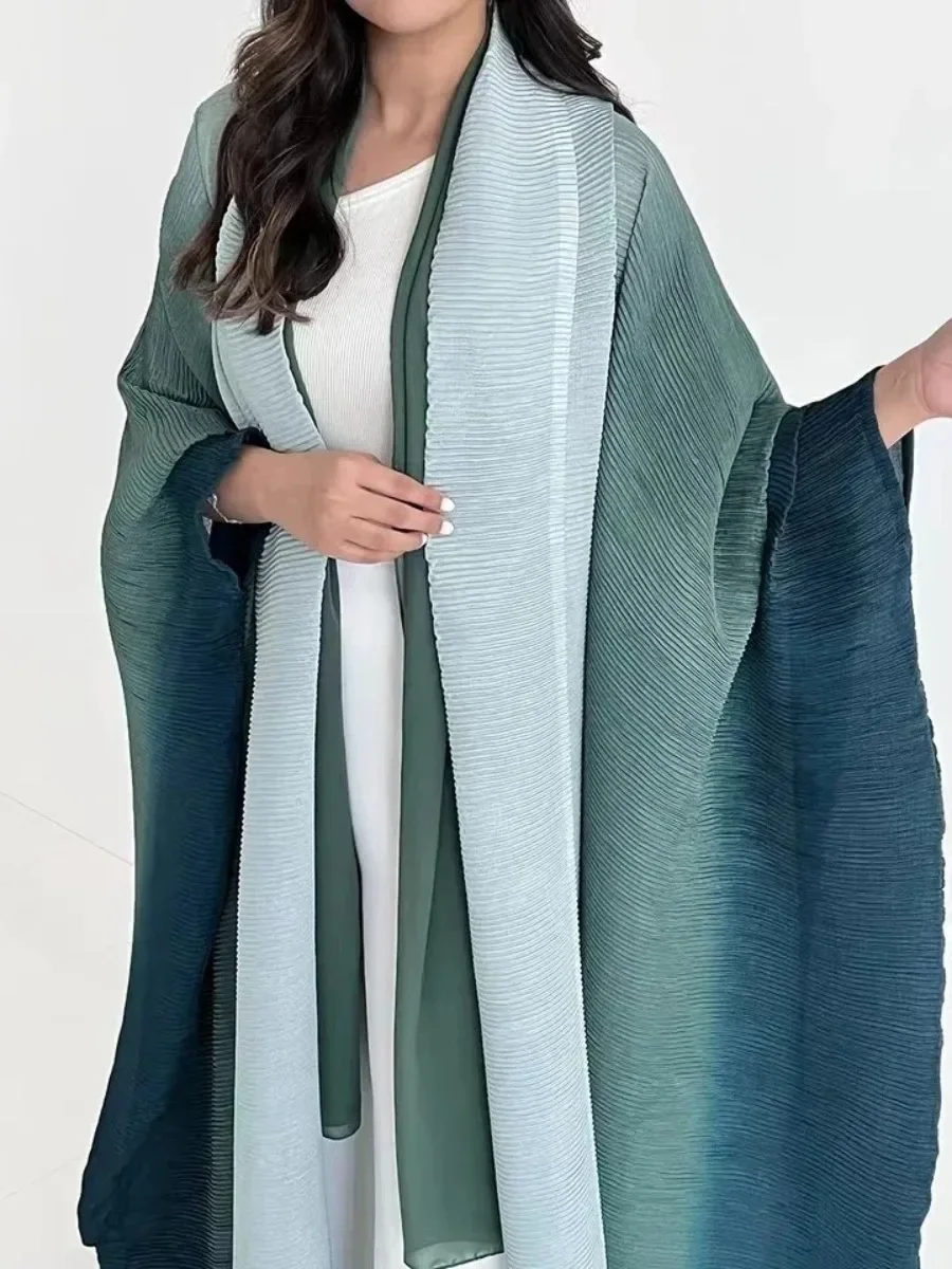 EGRM Miyake Pleated Trench Coat Gradient Color Plus-Sized Batwing Sleeve Scarf Long Shawl Dresses for Women 2024 New 6GR1683