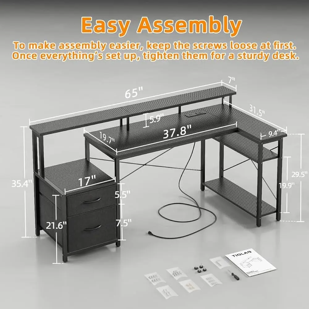 Computer Desk L Shaped With Drawers, 65” Gaming Desk With Power Outlets And Led Strips, Large L Shaped Corner Desk With Monitor