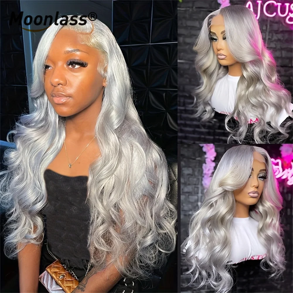 Wig rambut manusia gelombang tubuh panjang Brasil Remy abu-abu muda 13x4 13x6 Wig Frontal renda garis rambut alami ketebalan 180%