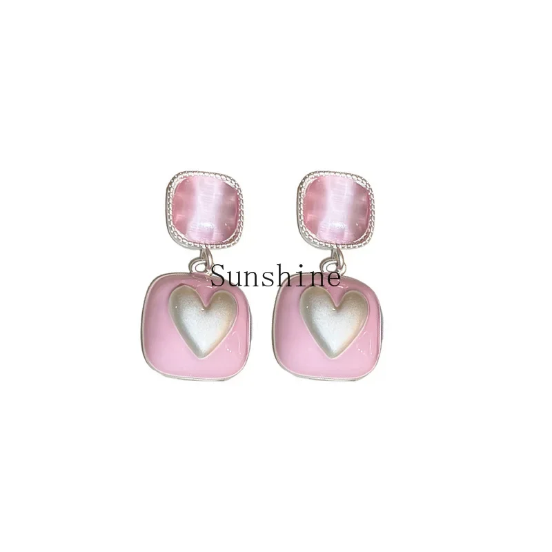 Love square pink fresh girl heart stud earrings light luxury earrings