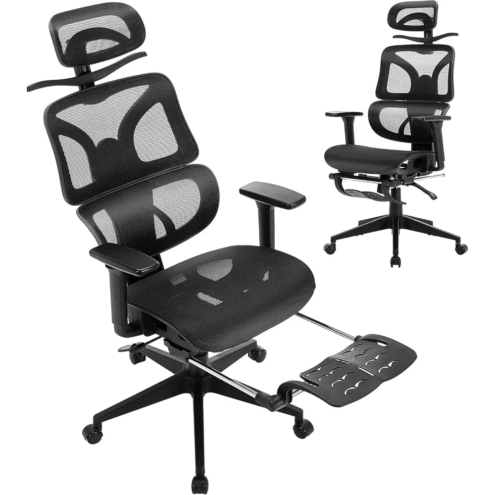 

Swivel Ergonomic High Back Mesh Office Chair with Retractable Footrest, Adjustable Backrest, Tilt Function, 3D Armrests & Headr