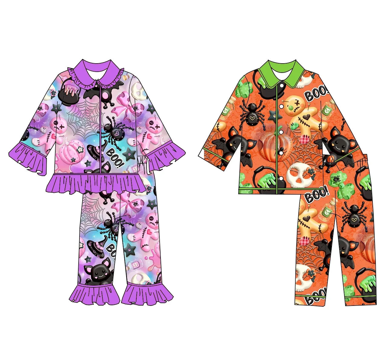 Children's Halloween Ghost Pajamas Set Boutique Style Boy Girl Matching Christmas Gingerbread Man Sleepwear Outfit
