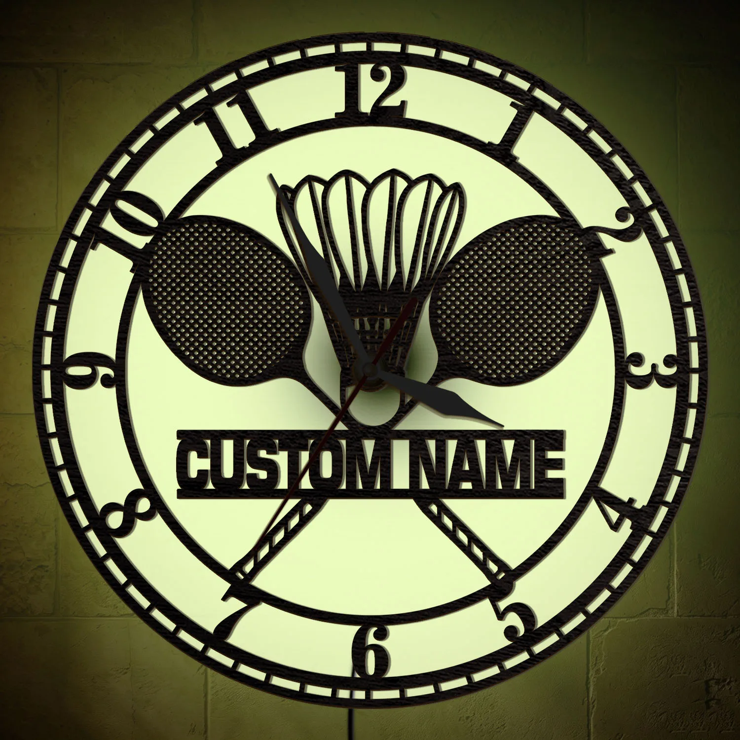 Custom Name Badminton LED Light Wood Wall Clock Shuttlecock Racket Themed Sports Home Decor Personalized Night Light Wall Clock