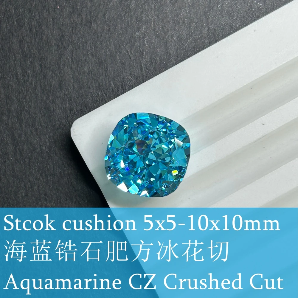 GEMS สินค้าใหม่ Hand Make เพชร CZ 8 กะรัตแปดเหลี่ยม Iced Crushed Cut ลูกบาศก์อ้วนรูปสี่เหลี่ยม Sea Blue Zirconia อัญมณี