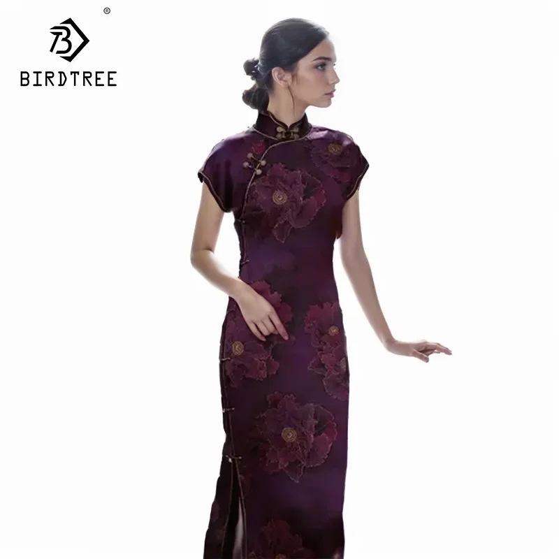 

Birdtree, газовые платья 45 мм, женское шелковое платье Cheongsam с короткими рукавами, цветок, тонкое элегантное китайское вечернее платье D49906QM