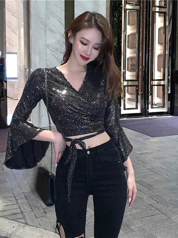 Women Spring Summer Sexy V-neck Cross Cutout Strap Sequins Slim Fit Flared Sleeve Short T-shirt D0311