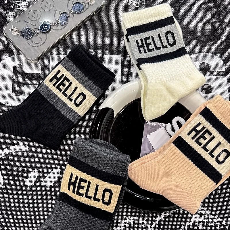 

4Pairs Shark Pantyhose Socks Autumn/Winter Versatile Sports Student Ins Trendy Women letters Hello Pattern Men's Mid-rise Socks