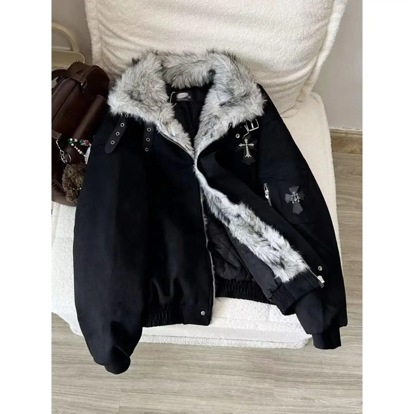 

American Stylish Thickened Cross Collar Men's Cotton Jacket Winter Warm Retro Fashion High-End Feeling Mountain Eagle Coat