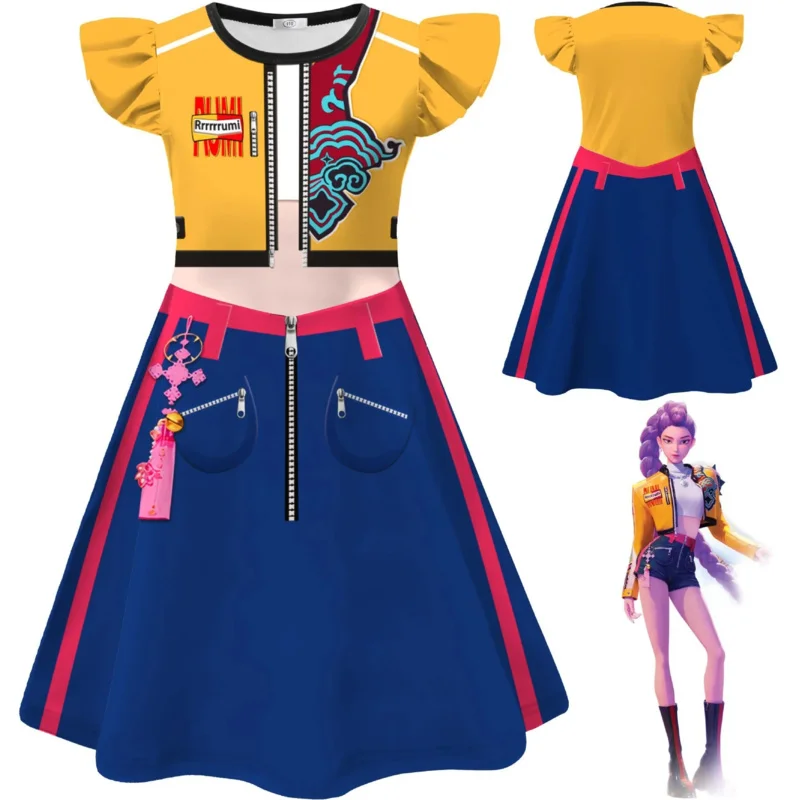 CyAnime KPOP Demon Hunters Cosplay Costume Kids Puff Sleeve Golden Rumi Zoey Mira Dress Birthday Party Halloween Outfit Girls
