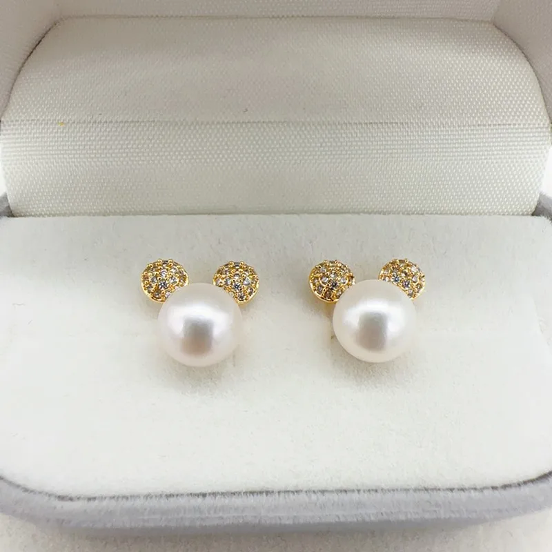 

New Arrival Natural Freshwater Pearl Fashion Lovely Mickey Mouse Design 14K Gold Filled Stud Earrings For Women Jewelry Gift