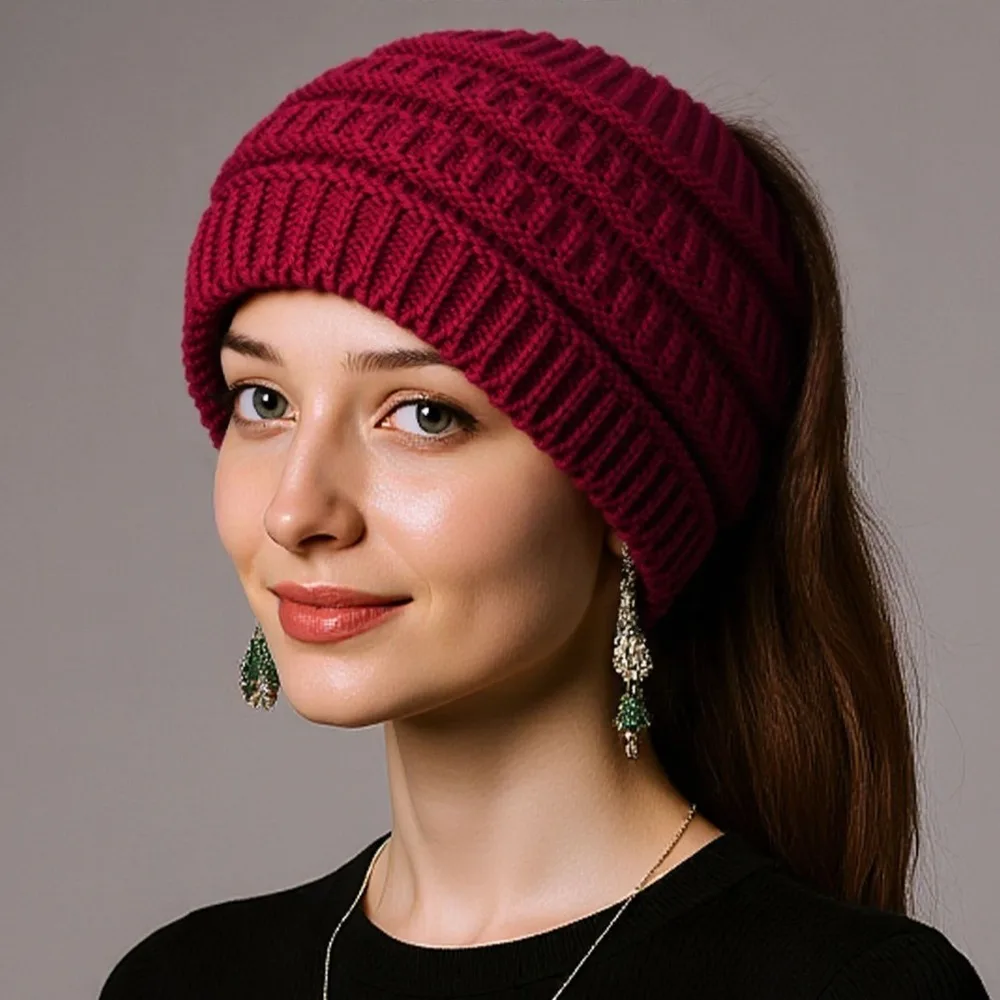 Warm Solid Color Ponytail Beanie Hat Thicken Ear Protection Knitted Hat Headwear Knitting Headband Autumn