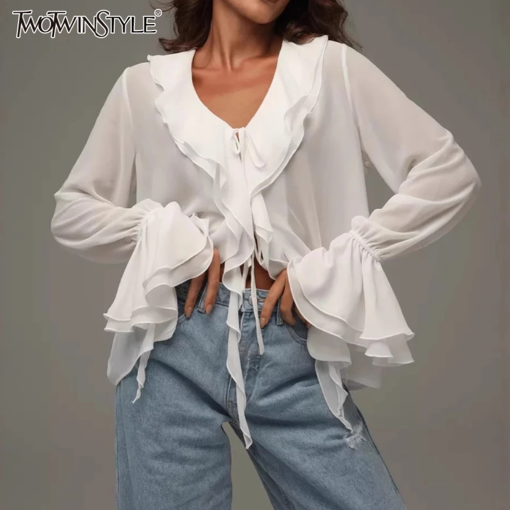 

TWOTWINSTYLE Solid Loose Temperament Blouse for Women V Neck Long Sleeves Patchwork Ruffles Elegant Top Female Fashion Clothing