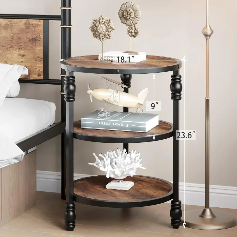 End Table 3-Tier Round Side Table Living Room Accent Table With Storage Shelf For Bedroom, Small Spaces, Rustic Brown